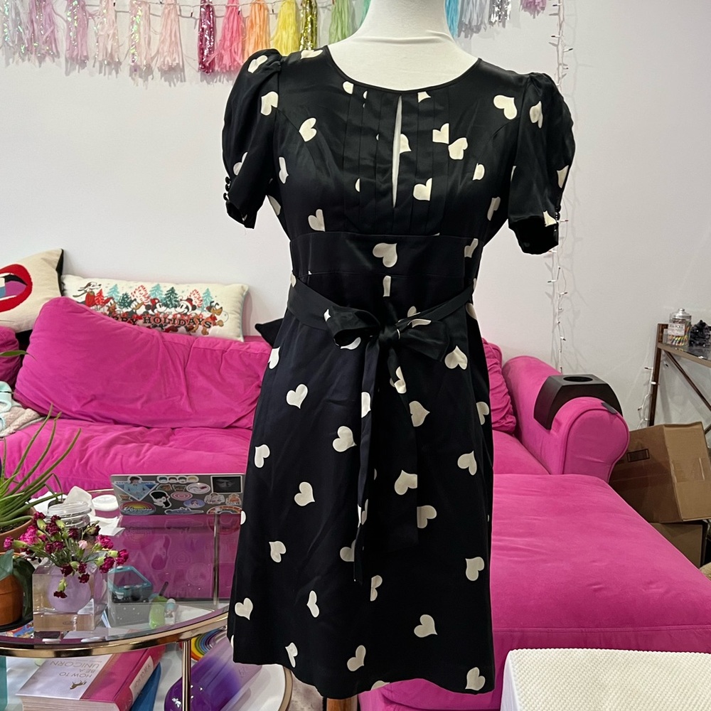 Gorgeous Betsey Johnson Black Silk Keyhole Dress with White Hearts